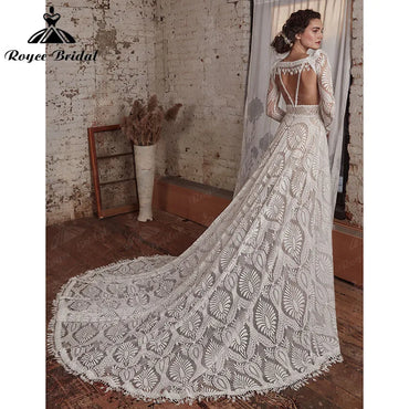 Sexy Bohemian Boho Wedding Dress with Detachable Long Sleeve A Line Beach Deep V Neck Lace Backless Spaghetti Straps Bridal Gown