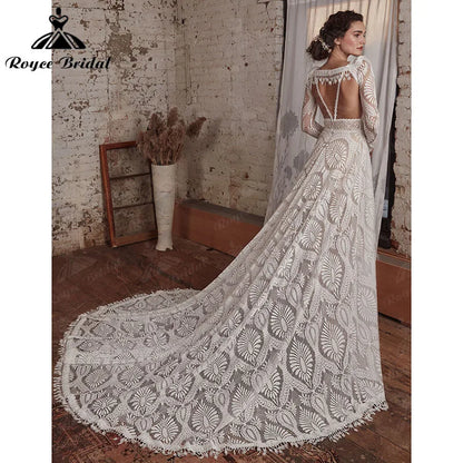 Sexy Bohemian Boho Wedding Dress with Detachable Long Sleeve A Line Beach Deep V Neck Lace Backless Spaghetti Straps Bridal Gown