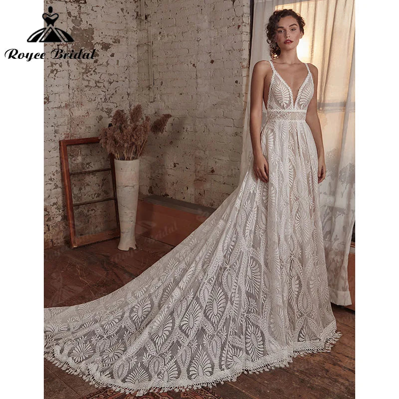 Sexy Bohemian Boho Wedding Dress with Detachable Long Sleeve A Line Beach Deep V Neck Lace Backless Spaghetti Straps Bridal Gown