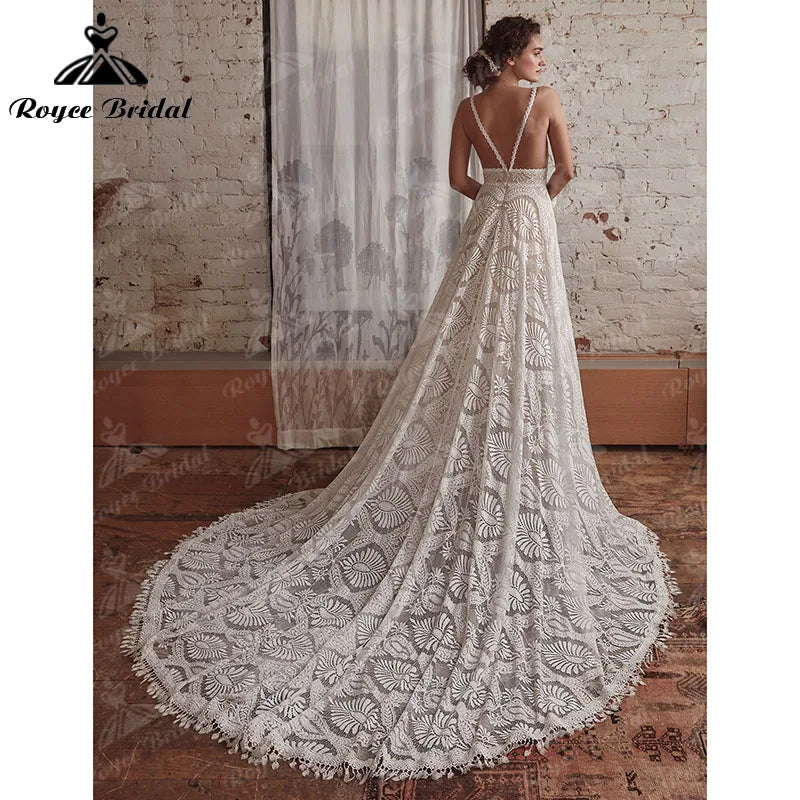 Sexy Bohemian Boho Wedding Dress with Detachable Long Sleeve A Line Beach Deep V Neck Lace Backless Spaghetti Straps Bridal Gown