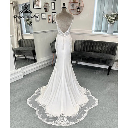 Sexy Boho Civil Mermaid Lace V Neck Crepe Wedding Dress 2024 Spaghetti Straps Reception Dresses for Bride Gown robe de soirée