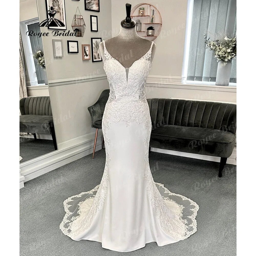 Sexy Boho Civil Mermaid Lace V Neck Crepe Wedding Dress  Spaghetti Straps Reception Dresses for Bride Gown robe de soirée