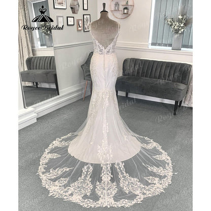 Sexy Boho Lace Applique Mermaid Backless Wedding Dress for Bride  Spaghetti Straps Wedding Gown for Women robe mariée sirene