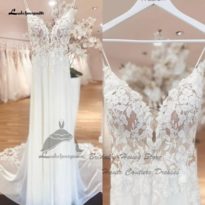 Sexy Chiffon Wedding Dress Boho  Robe Elegant Long Bridal Beach Wedding Gowns Floral Lace Appliques Spaghetti Straps