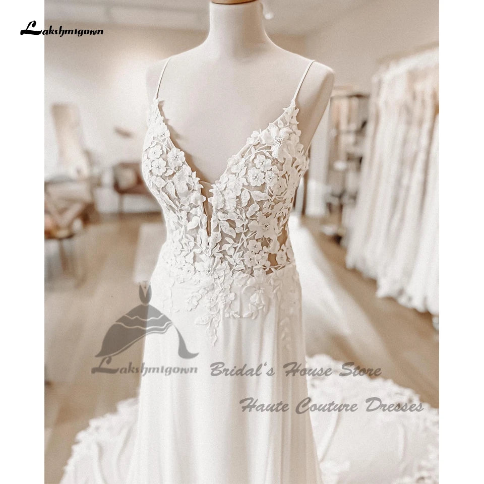 Sexy Chiffon Wedding Dress Boho 2022 Robe Elegant Long Bridal Beach Wedding Gowns Floral Lace Appliques Spaghetti Straps