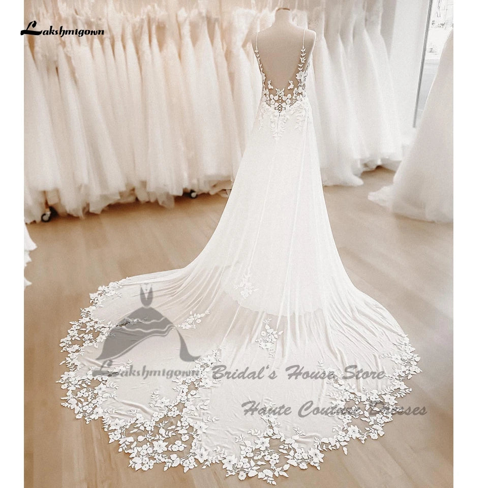 Sexy Chiffon Wedding Dress Boho 2022 Robe Elegant Long Bridal Beach Wedding Gowns Floral Lace Appliques Spaghetti Straps