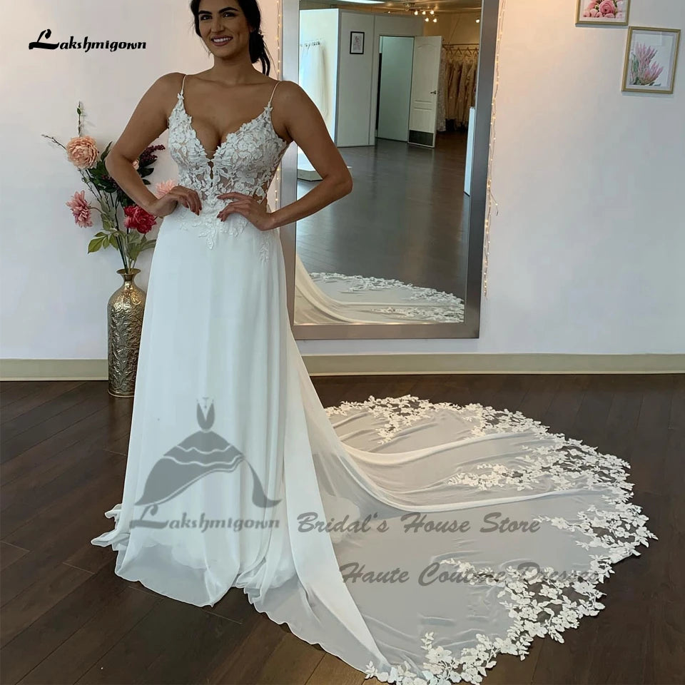 Sexy Chiffon Wedding Dress Boho 2022 Robe Elegant Long Bridal Beach Wedding Gowns Floral Lace Appliques Spaghetti Straps