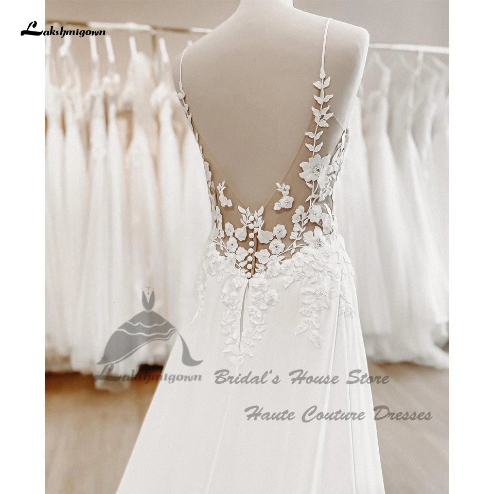 Sexy Chiffon Wedding Dress Boho 2022 Robe Elegant Long Bridal Beach Wedding Gowns Floral Lace Appliques Spaghetti Straps