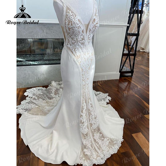 Roycebridal Sexy Deep V Neck Lace Mermaid/Trumpet Wedding Dress Court Train Appliques 2025 Spaghetti Straps Vestidos De Novia Open Back