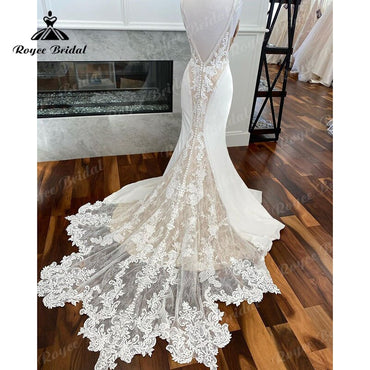 Roycebridal Sexy Deep V Neck Lace Mermaid/Trumpet Wedding Dress Court Train Appliques 2025 Spaghetti Straps Vestidos De Novia Open Back