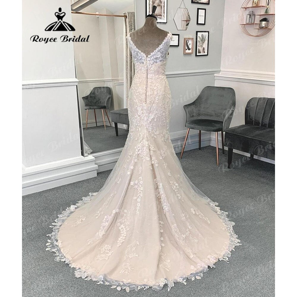 Roycebridal Sexy Lace Appliques Chamapgne Mermaid Backless Wedding Dress for Women 2024 Bridal Gown Custom Made vestido de boda corte sirena