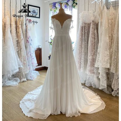 Sexy Lace Beach Chiffon V Neck Off Shoulder Wedding Dress for Women  Robe Boho Boheme Wedding Gown robe de soirée de mariage