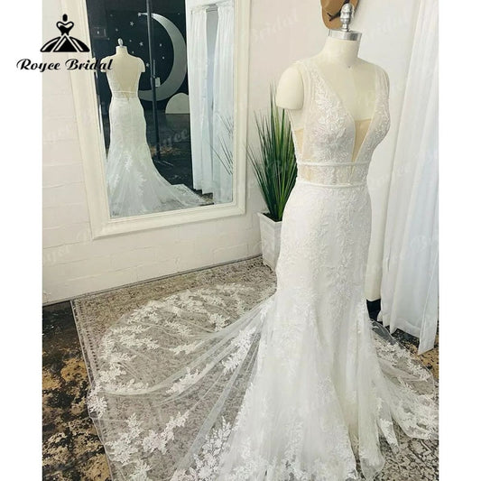 Roycebridal BRIDE,BRIDE EXPLORE All Wedding Dresses,BRIDE EXPLORE Custom Wedding Dresses 👗,BRIDE EXPLORE Plus SizeSexy Sleeveless Deep V Neck Lace Appliques Open Back Mermaid/Trumpet Wedding Dress Sweep Train Vestido Civil Boho Wedding Gowns