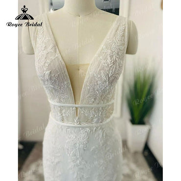 Roycebridal BRIDE,BRIDE EXPLORE All Wedding Dresses,BRIDE EXPLORE Custom Wedding Dresses 👗,BRIDE EXPLORE Plus SizeSexy Sleeveless Deep V Neck Lace Appliques Open Back Mermaid/Trumpet Wedding Dress Sweep Train Vestido Civil Boho Wedding Gowns