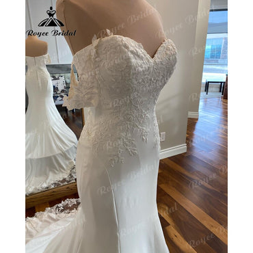 Roycebridal BRIDE,BRIDE EXPLORE All Wedding Dresses,BRIDE EXPLORE Custom Wedding Dresses 👗,BRIDE EXPLORE Plus SizeSexy Soft Satin Lace Mermaid Sweetheart Neckline Wedding Dress with Sweep Train 2025 Off the Shoulder trajes de novias largos