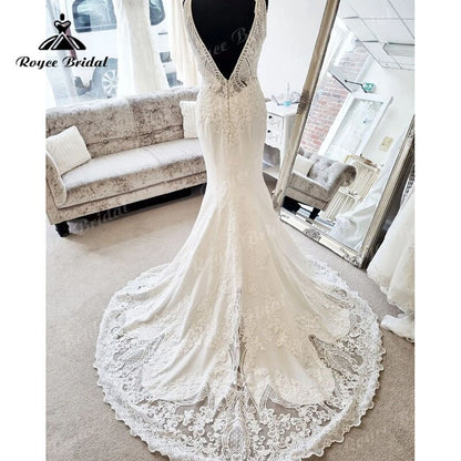 Roycebridal Sexy V Neck Cut-out Lace Appliques Sleeveless Mermaid/Trumpet Wedding Dress 2025 Robe Bridal Beach Wedding Gowns for Women