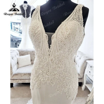 Roycebridal Sexy V Neck Cut-out Lace Appliques Sleeveless Mermaid/Trumpet Wedding Dress 2025 Robe Bridal Beach Wedding Gowns for Women