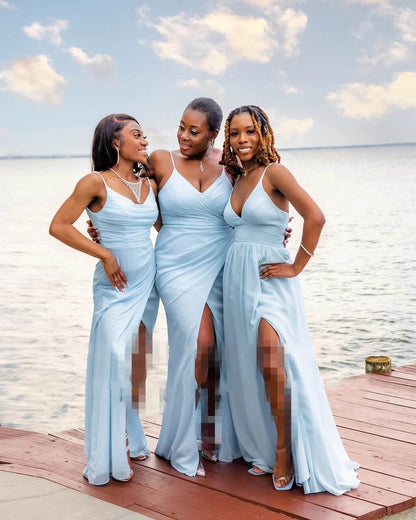 Sexy A line V neck Light Blue Chiffon Beach Bridesmaid Dresses Spaghetti Straps