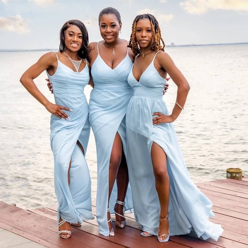 Sexy A line V neck Light Blue Chiffon Beach Bridesmaid Dresses Spaghetti Straps