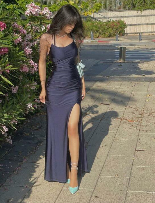 Sexy Halter Navy Blue Wedding Guest Dress Sleeveless With Split