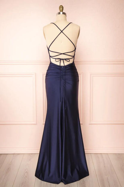 Sexy Halter Navy Blue Wedding Guest Dress Sleeveless With Split