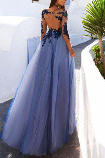 Roycebridal Roycebridal Gabrielle | Sexy Long Sleeves Blue Lace Open Back Prom Dresses Evening Dresses