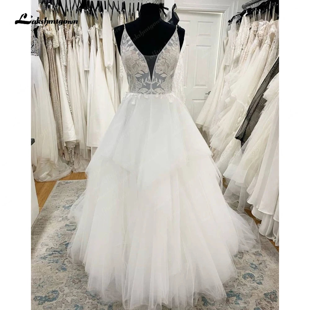 Roycebridal Spaghetti Straps Wedding Dress Tiered V-Neck Princess Bride Gown Tulle Backless Zipper Vestido De Noiva