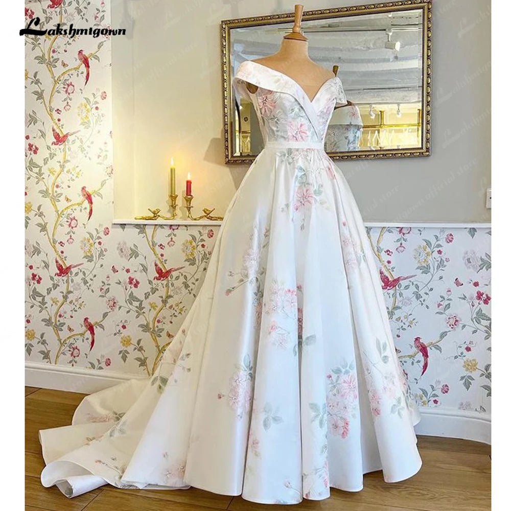 Roycebridal Print Flower A Line Satin Bohemian Wedding Dress Boat Neck 2025 Boho Bridal Gowns estido de noiva