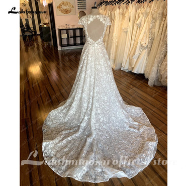 Roycebridal Full Lace Boho Wedding Dress For Women Sexy V Neck Short Sleeves Bride Dress Lace Applique A-Line Sweep Train Custom