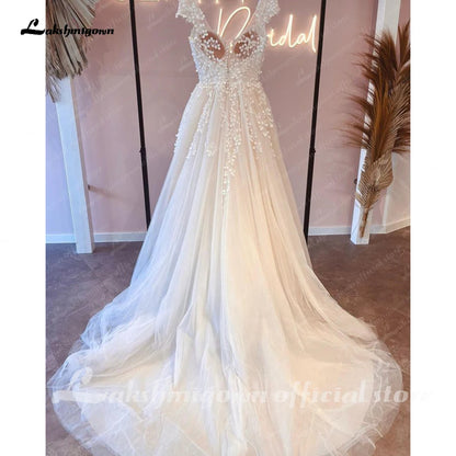 Roycebridal Princess Wedding Dresses V neck Cap Sleeves 2025 Vestidos Civil Boho Bridal Dress Buttons Illusion Back