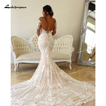 Roycebridal Boho Illusion Bodice Lace Mermaid Wedding Dress Long Sleeve Sheer Neck Appliques Bridal Gown vestidos de novia robe