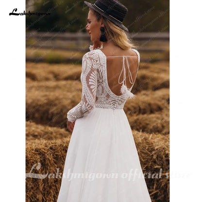 Roycebridal Chiffon V Neck Long Sleeve Bridal Dress Sweep Train Lace Open Back Bohemian Boho Beach Wedding Dress Wedding Gown