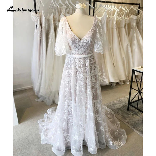 Roycebridal Roycebridal Bohemian Wedding Dresses Half Sleeves V Neck Lace Appliques Ivory Bridal Gowns Robe De Mariee