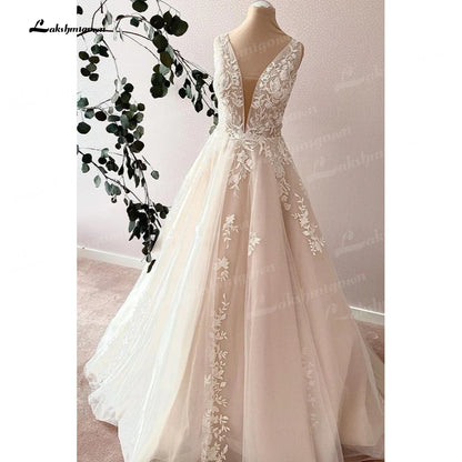 Roycebridal Bohemian V-Neck Wedding Dresses Tank Sleeve Tulle A-Line Open Back Lace Bridal Gowns Bride Dresses Hochzeitskleid