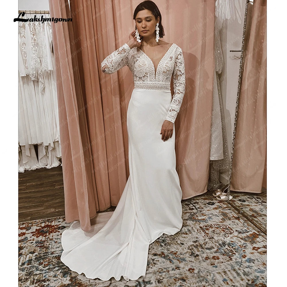 Roycebridal Lace Long Sleeve Crepe Wedding Dresses 2025 Robe Satin Plus Size Mermaid Bridal Gowns Hochzeit