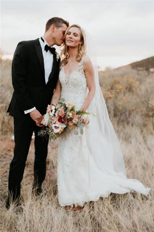 Sheath Beaded V-neck Backless Lace Wedding Dresses, Wedding Gowns, MW704 | sheath wedding dresses | lace wedding dresses | vintage wedding dresses | www.musebridals.com