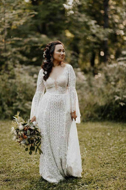 ​Sheath Long Sleeves Lace up Back Beach Wedding Dresses, Bridal Gown, MW741 | vintage wedding dresses | lace wedding dresses | wedding gowns | www.musebridals.com