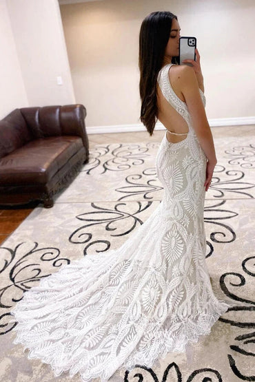 Sheath Open Back Lace Wedding Dresses With Court Train,  Bridal Dresses, MW738 | bohemian wedding dresses | vintage wedding dresses | wedding dresses online | www.musebridals.com​