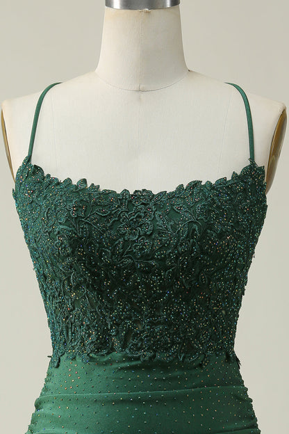 Dark Green Sheath Spaghetti Straps Homecoming Dress with Appliques