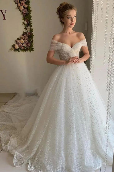 Shiny Ivory Tulle A-line Off Shoulder Wedding Dresses, Bridal Gowns, MW849 | wedding dresses online | vintage wedding dress | wedding dresses near me | musebridals.com