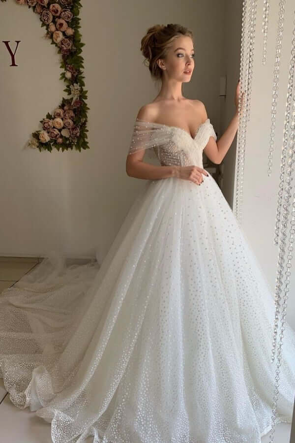 Shiny Ivory Tulle A-line Off Shoulder Wedding Dresses, Bridal Gowns, MW849 | beach wedding dresses | cheap wedding dress | wedding gown | musebridals.com