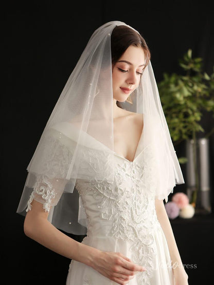 Short Tulle Bridal Blusher Veils with Pearls Viniodress AC1297-Veils-Viniodress-Ivory-Viniodress