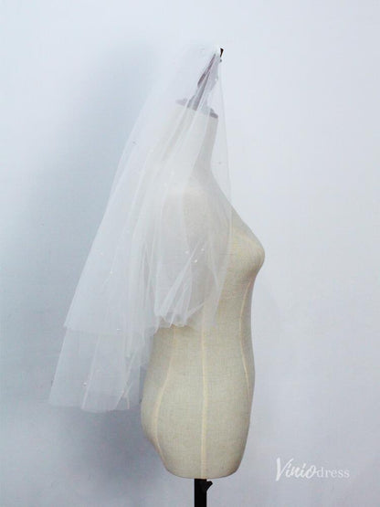 Short Tulle Bridal Blusher Veils with Pearls Viniodress AC1297-Veils-Viniodress-Ivory-Viniodress