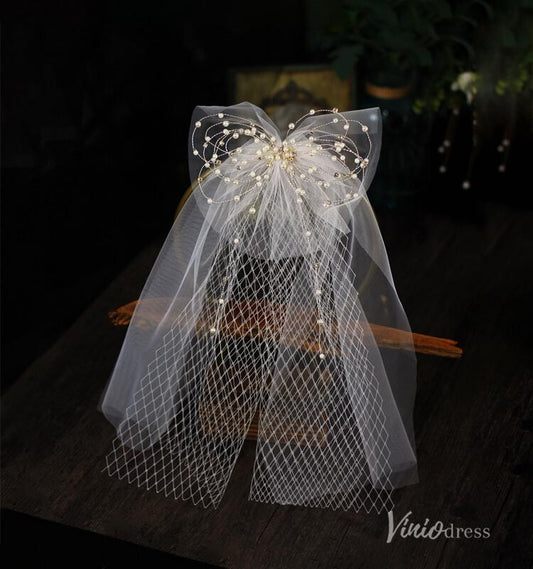 Short Tulle Pearl Bow Veil for Bride Viniodress AC1312-Veils-Viniodress-Ivory-Viniodress