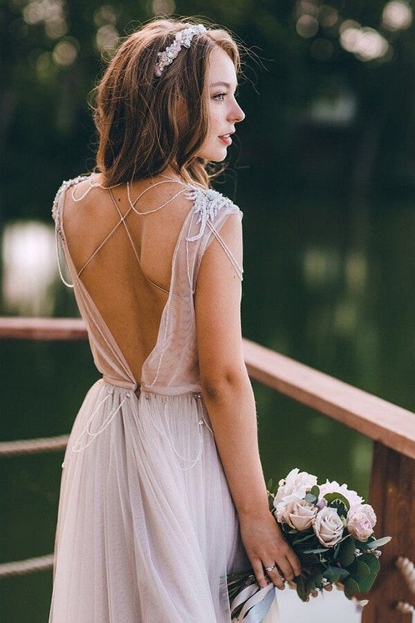 Silver Tulle Rustic Cap Sleeves Boho Wedding Dresses, Wedding Gown, MW677 | beaded wedding dresses | rustic wedding dresses | wedding gown | www.musebridals.com