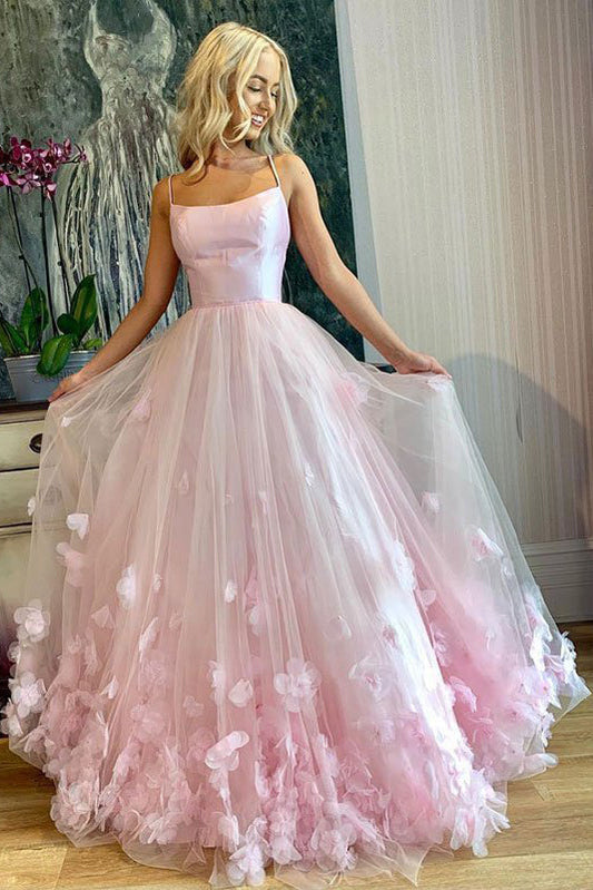 Roycebridal Arabella |A-line Spaghetti Straps Pink Tulle Prom Dress