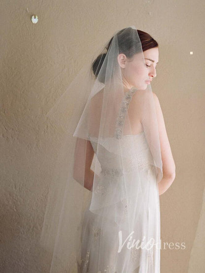 Simple Ivory Tulle Drop Veil Crystal Comb Wedding Veils ACC1054-Veils-Viniodress-Ivory-Viniodress