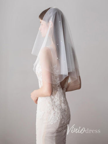 Simple Ivory Tulle Wedding Veil Waist Length with Pearls ACC1047-Veils-Viniodress-Ivory-Viniodress