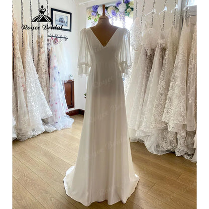 Simple Soft Satin V Neck Boho Wedding Dress with Puff Short Sleeve 2024 Beach Bridal Reception Gown for Women robe de mariee