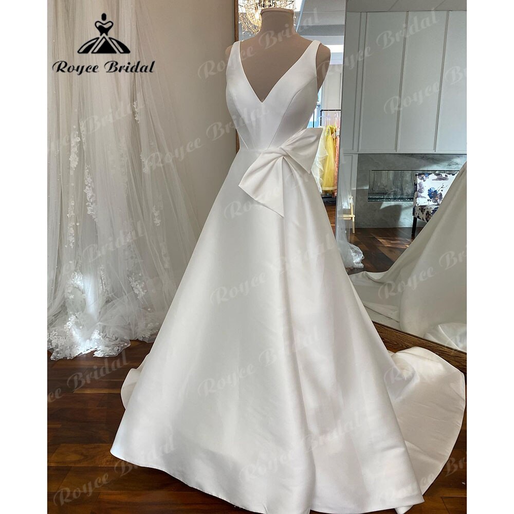 Roycebridal Simple V Neck Satin V Neck A Line Wedding Dress with Bow 2025 Bridal Gowns Custom Made Vestidos De Novia Formal Roycebridal